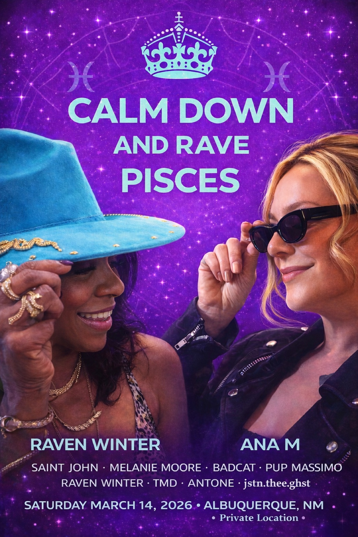 Calm Down and Rave Pisces flyer — Raven Winter birthday set, Albuquerque