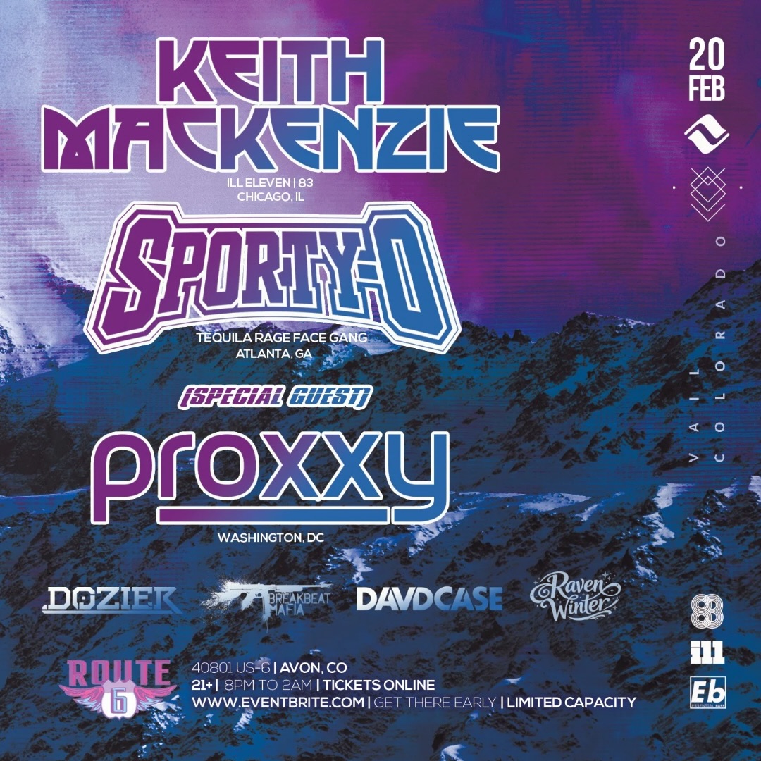 Vail gig flyer — Keith Mackenzie, Sporty-O, Proxxy, Raven Winter at Route 6